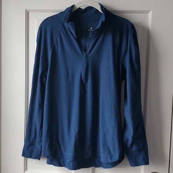 APANA YOGA QUARTER ZIP TOP VARIEGATED HEATHERED BLUE SIZE MEDIUM BACK VENT SLITS - Picture 1 of 9